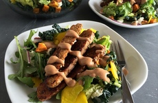 Photo of Salad Greens with Roasted Sweet Potatoes, Tempeh Sticks & Balsamic-BBQ Dressing