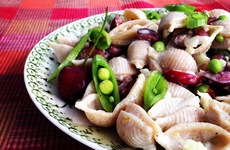 Photo of Creamy Lemon Cherry + Snap Pea Pasta Salad