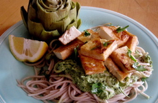 Photo of Kale Pesto on Soba with Tofu & Artichokes