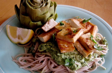 Photo of Kale Pesto on Soba with Tofu & Artichokes